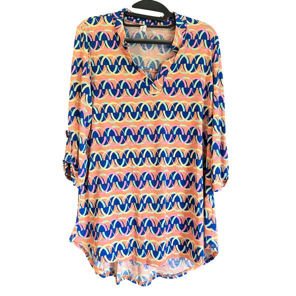 Honeyme Womens Geometric Print Tunic Top Blue Orange Roll Tab Sleeve Small